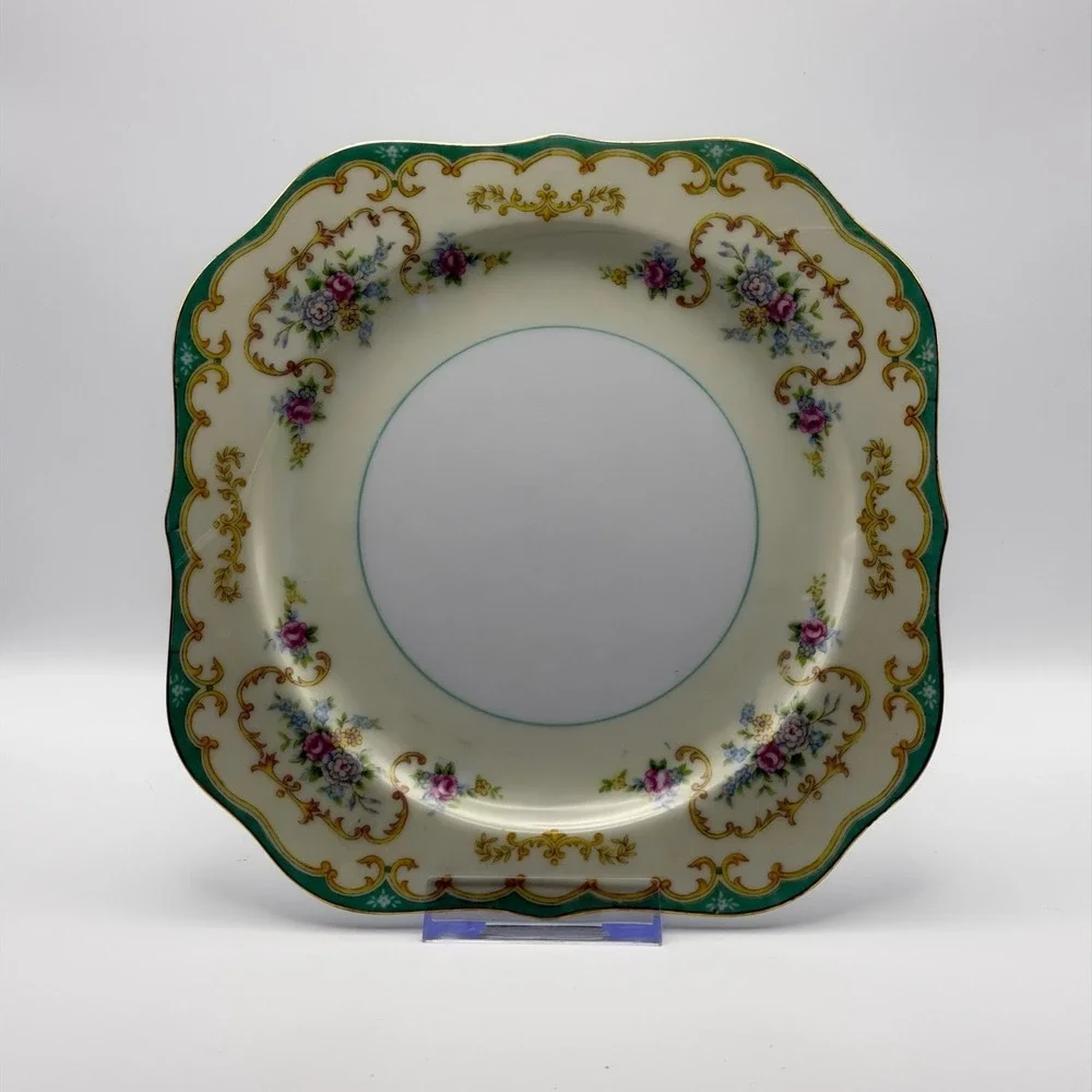 Vtg Noritake Japan Plate N238 Floral Gold Scroll Green Border Square Salad